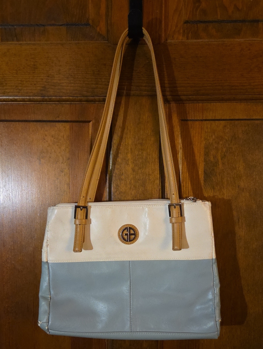Giani Bernini Cream and Light Blue Shoulder Tote with Tan Handles